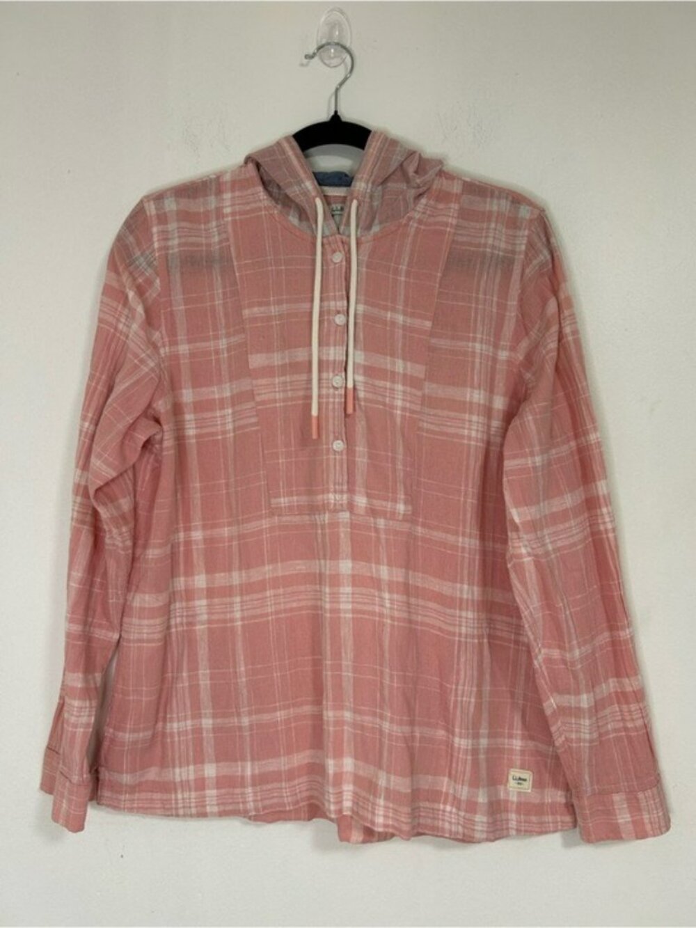 L.L.Bean Pink Plaid Linen Cotton Hooded Popover Shirt Women’s Medium Casual